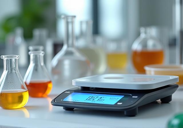 Close up of a digital scale precisely measuring eco-friendly hair color ingredients