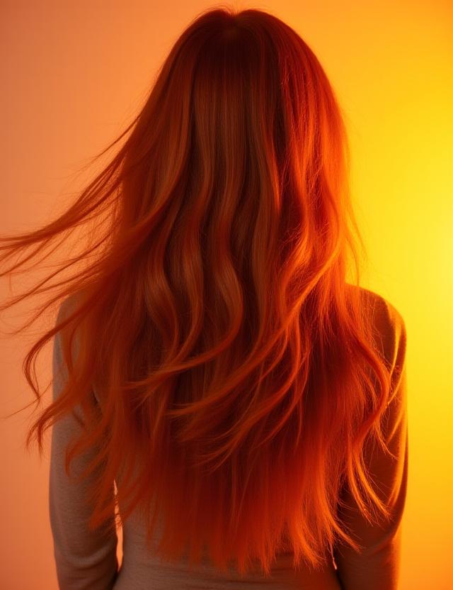 Vibrant copper tone balayage beautifully blended through long, flowing hair, catching the light