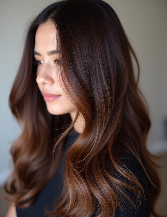 Rich brunette layered with subtle, expertly placed structural lowlights creating natural depth
