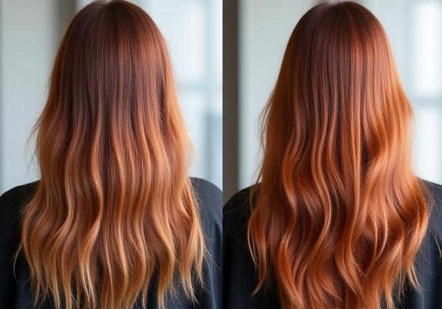 Before and after of a complex hair color correction