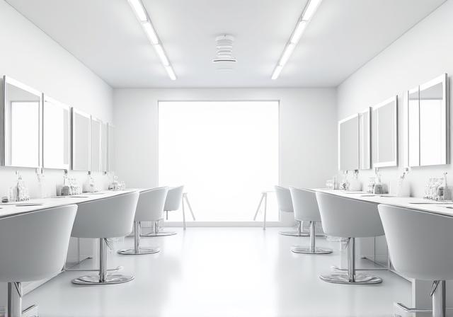 Clean and minimalist interior of the ArchoraHue salon studio with balanced 5000k lighting and crisp white walls